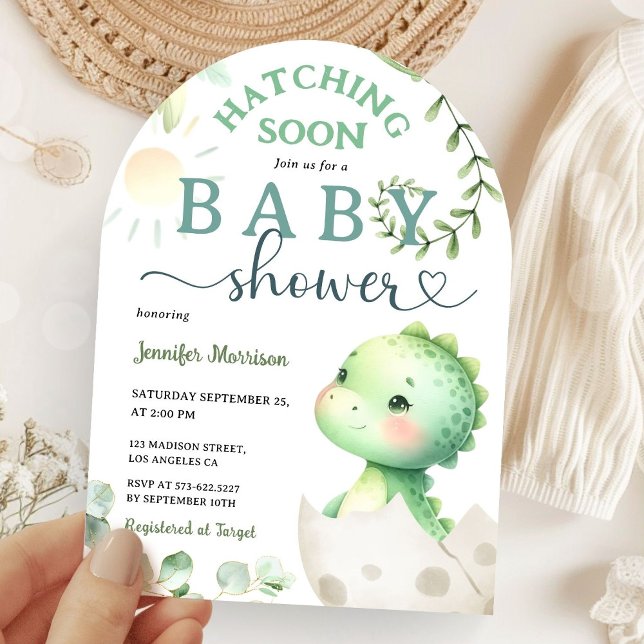 Invitation Hatching Bientôt Dinosaur Baby shower Green Dino A (Créateur téléchargé)