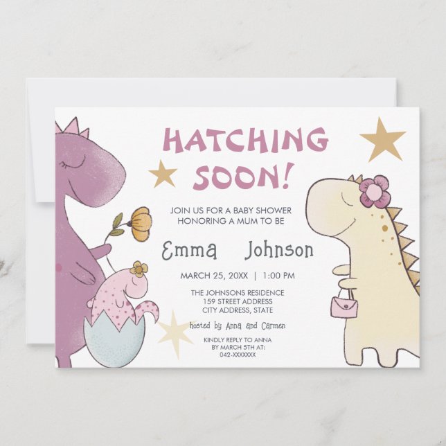 Invitation HATCHING BIENTÔT mignonne Dinosaur Baby shower fil (Devant)