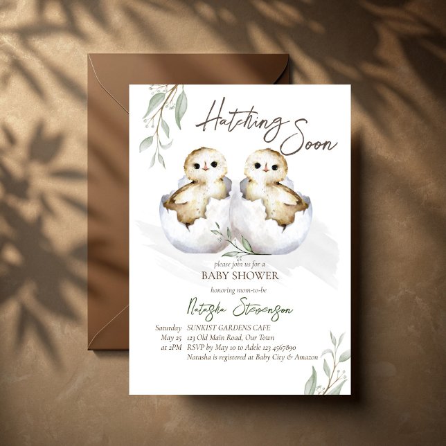 Invitation Hatching soon little bird inside egg baby shower (Hatching soon two little birds inside egg twins baby shower invitation cards template)