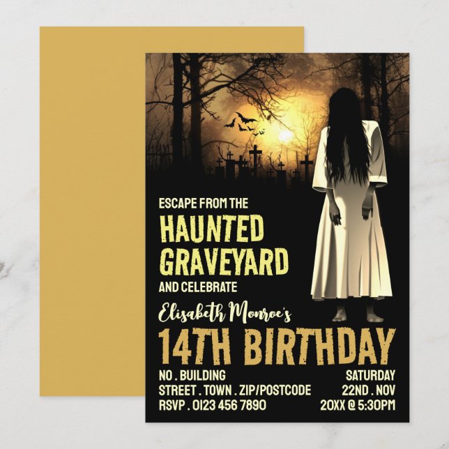 Invitation Hauné Graveyard Thème Escape Room Anniversaire (Devant / Derrière)