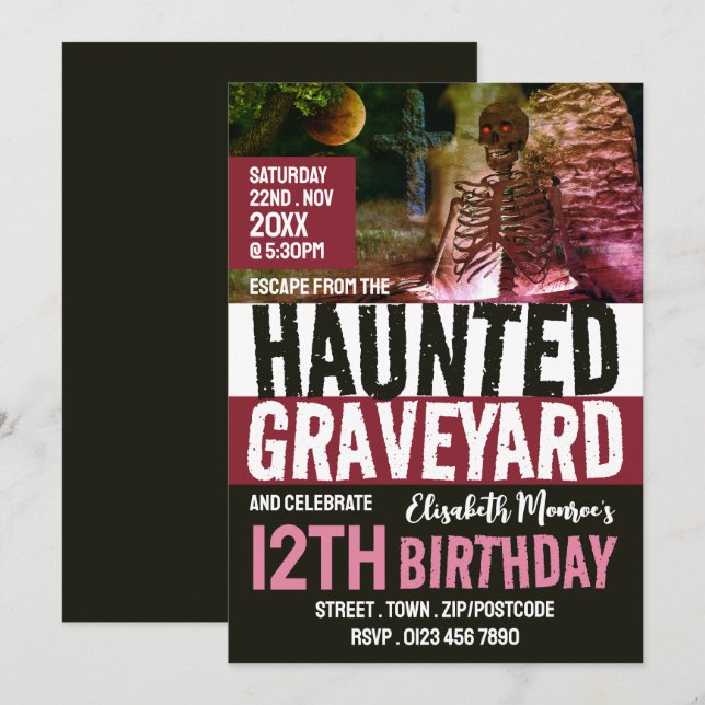 Invitation Hauné Graveyard Thème Escape Room Anniversaire (Devant / Derrière)