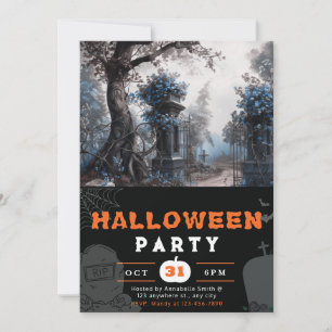 Invitation Hauning Graveyard Blue Flowers Halloween