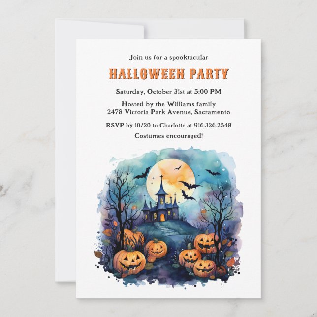 Invitation Haunted Mansion Moon Bats Citrouille Halloween Par (Devant)