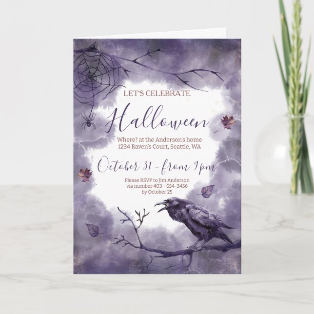 Invitation Hauntingly Beauty Purple Raven Halloween Party (Devant)