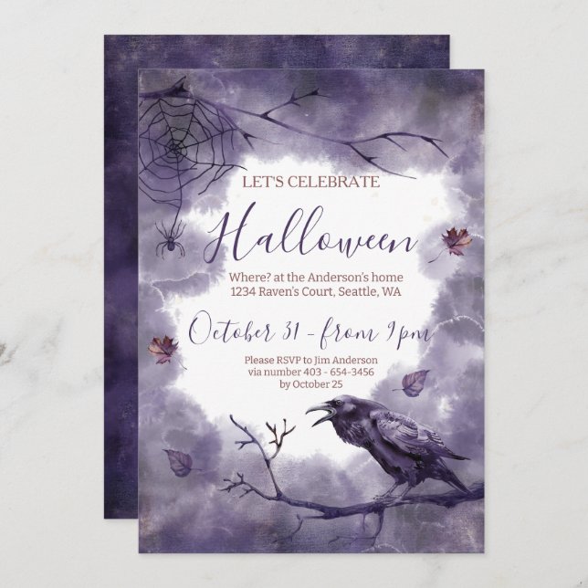Invitation Hauntingly Beauty Purple Raven Halloween Party (Devant / Derrière)