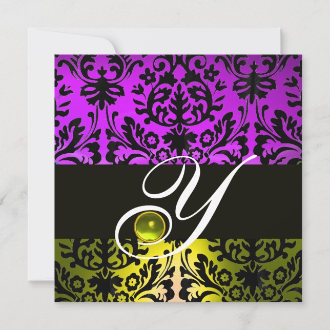 INVITATION HAUT DAMASSÉ MONOGRAMME TOPAZE JAUNE VIOLET NOIR (Devant)
