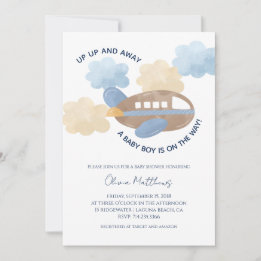 Invitation Haut Haut et Loin Aquarelle Avion Garçon Baby Show