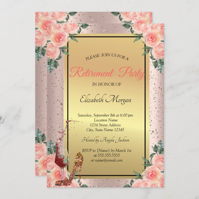 Invitation Haut talon, Verre, Floral Rose Gold Retraite (Devant / Derrière)