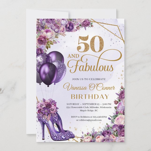 Invitation Haut talons violets et fleurs et ballons roses (Devant)