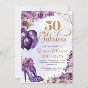 Invitation Haut talons violets et fleurs et ballons roses