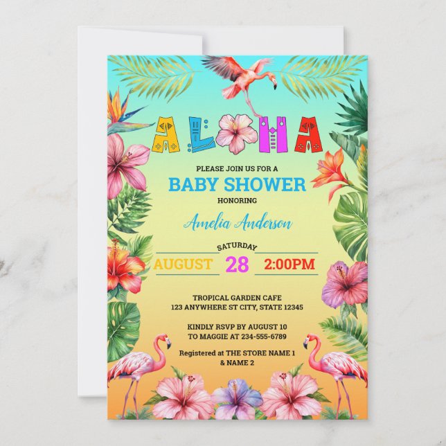 Invitation Hawaii Aloha Baby shower de Flamant rose tropical (Devant)