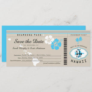 Invitation Hawaii Boarding Pass Tand and Blue Save the Date
