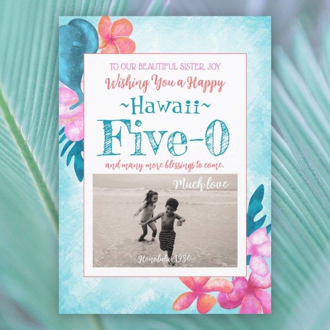 Invitation Hawaii Cinq-0 50e Anniversaire Turquoise, Aqua, Ro (turquoise, tropical teal, pink, coral orange flowers, hawaii 5-0 five-0 happy 50th birthday fifty)