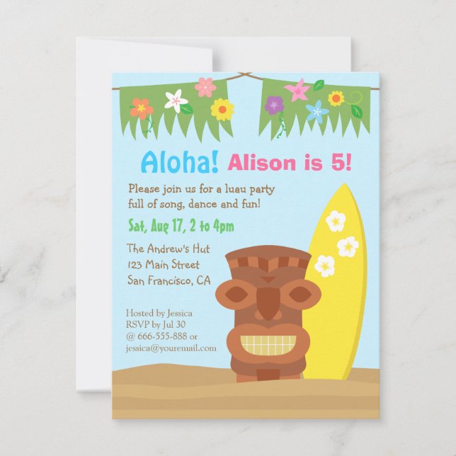 Invitation Hawaii Tiki Luau Beach Theme Birthday Party (Devant)