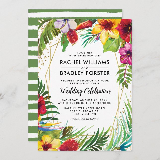 Invitation Hawaii Tropical Beach Floral Mariage (Devant / Derrière)
