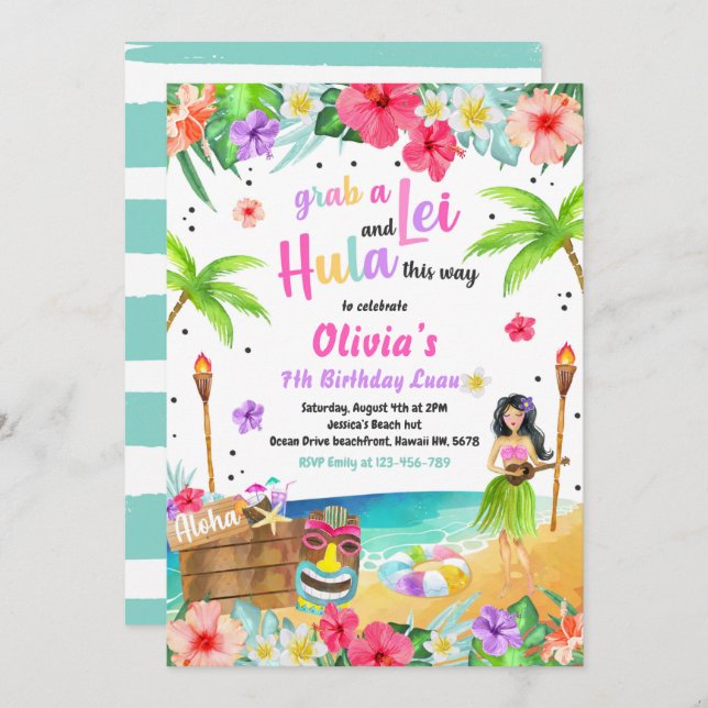 Invitation Hawaiian Luau Anniversaire Fête Tropicale Annivers (Devant / Derrière)