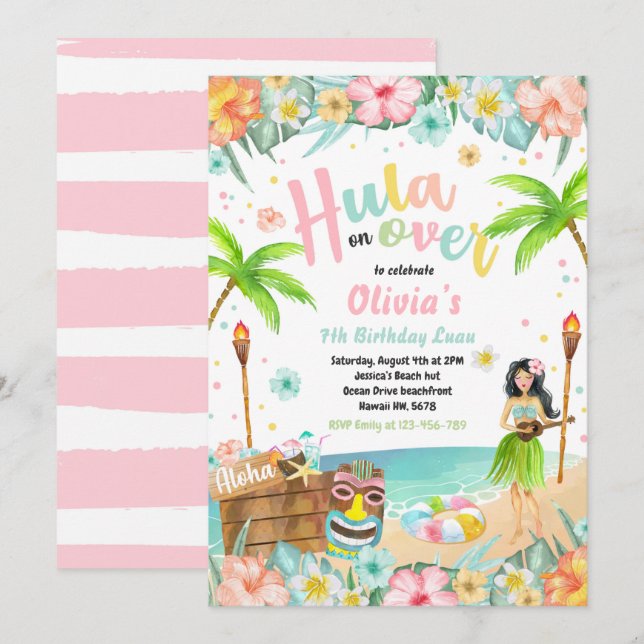 Invitation Hawaiian Luau Anniversaire Fête Tropicale Annivers (Devant / Derrière)