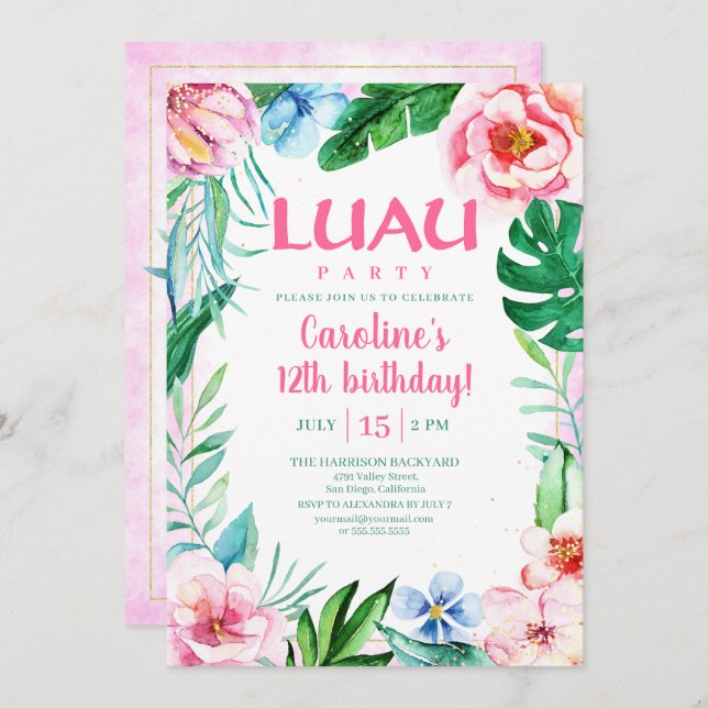 Invitation Hawaiian Luau Party Tropical Floral rose Anniversa (Devant / Derrière)