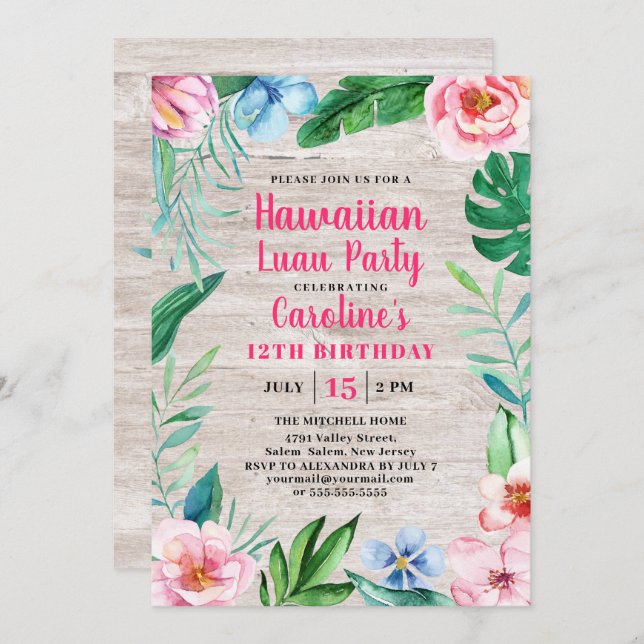 Invitation Hawaiian Luau Party Tropical Floral Wood Anniversa (Devant / Derrière)