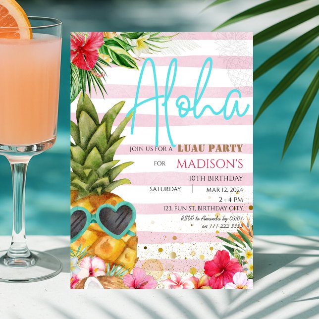 Invitation Hawaiian Luau Pineapple Tropical Girl Anniversaire (Hawaiian Luau Pineapple Tropical Girl Birthday Invitation)
