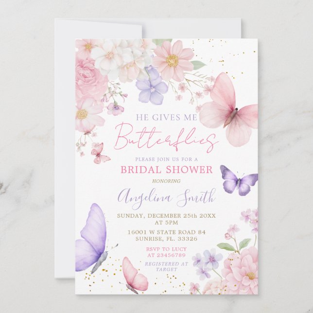 Invitation He Gives Me Butterflies Floral Bridal Shower (Devant)