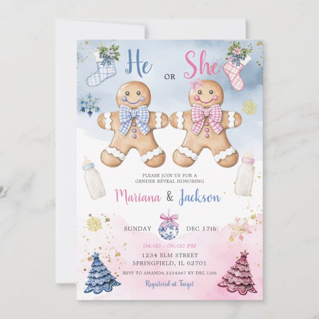 Invitation He or She Cookies Gingerbread Gender Reveal (Devant)