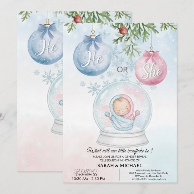 Invitation He or She? Festive Christmas Gender Reveal Party  (Devant / Derrière)