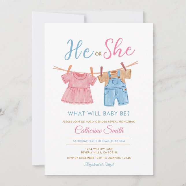 Invitation He or She Pink & Blue Clothesline Gender Reveal  (Devant)