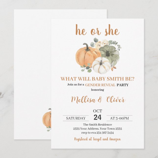Invitation He or She Pumpkin Fall Gender Reveal (Devant / Derrière)