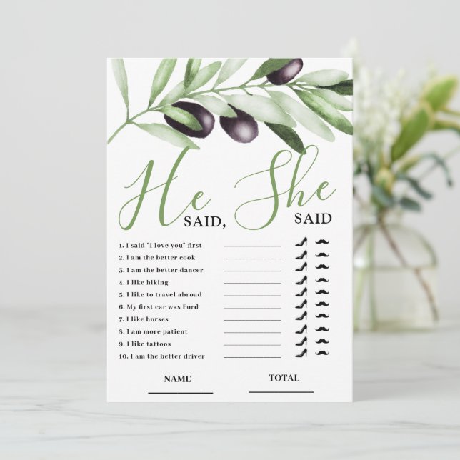 Invitation He said She Said Olive Branch Bridal Shower Card (Debout devant)