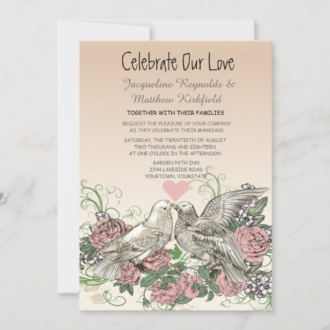 Invitation Heart Doves Rose Rose Romance Mariage (Devant)