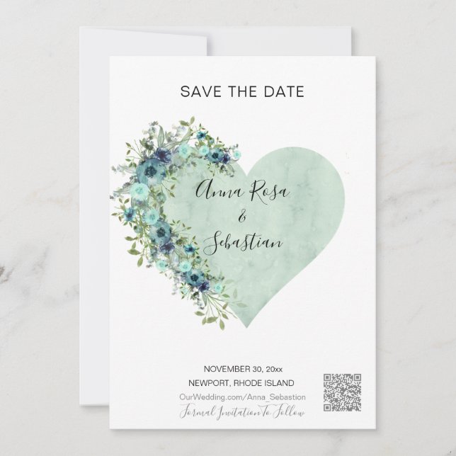 Invitation *~* Heart Floral Aqua AR6 QR MARIAGE ENREGISTRER L (Devant)