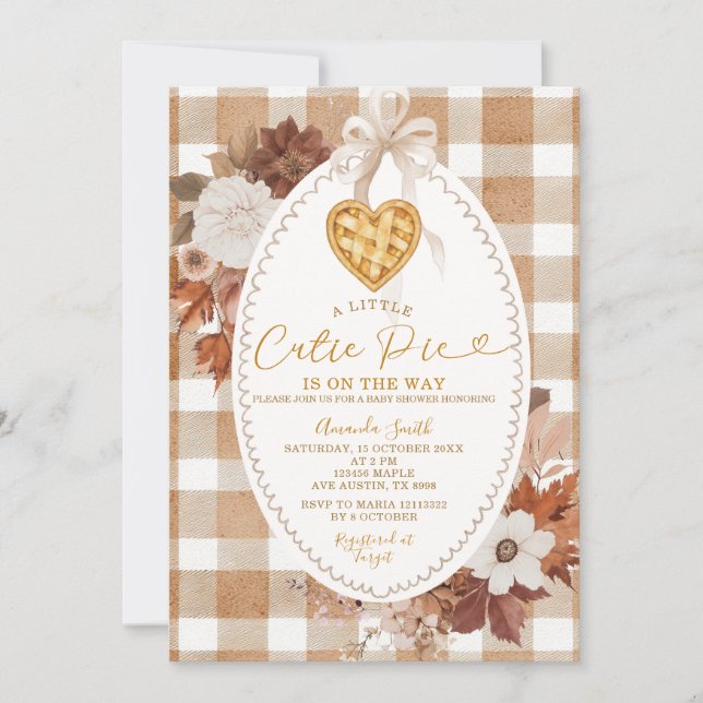 Invitation Heart Little Cutie Pie Brown Gingham Baby Shower (Devant)