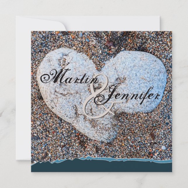 Invitation Heart Stone in Sand Blue Turquoise Beach Wedding (Devant)