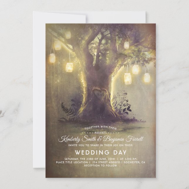 Invitation Heart Tree Mason Jar illumine le Mariage campagnar (Devant)