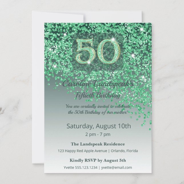 Invitation Heartfelt 50th Birthday Green Glitter  (Devant)