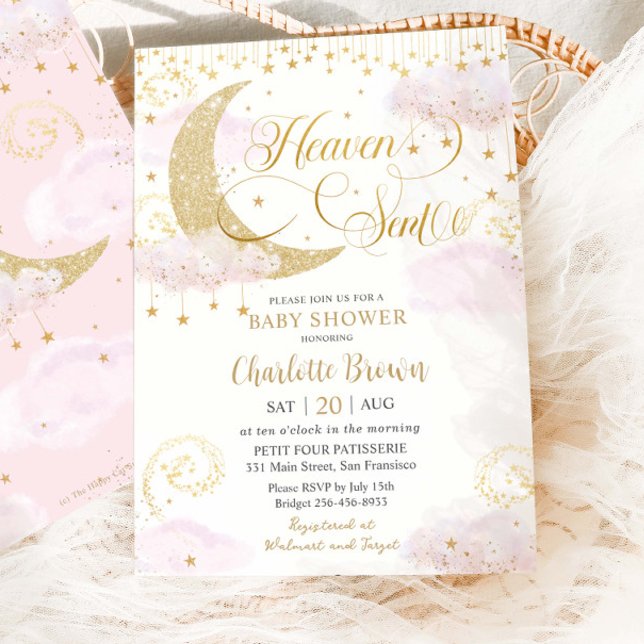 Invitation Heaven Sent Moon and Stars Pink Gold Baby Shower (Créateur téléchargé)