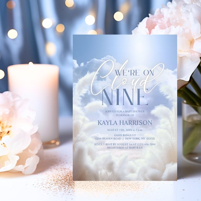 Invitation Heavenant Sur Nuage Neuf Baby shower Pampas 9 (Heavenly On Cloud Nine 9 Pampas Baby Shower Invitation)