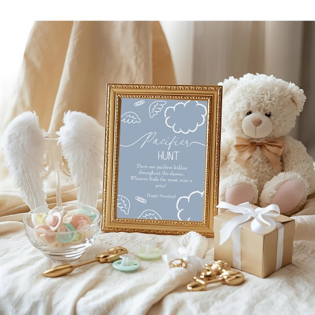 Invitation Heavenly baby shower blue Pacifier Hunt game (Heavenly baby shower blue Pacifier Hunt game)