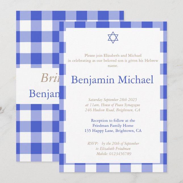 Invitation Hebrew Brit Shalom Baby Boy Nommant Juif Blue (Devant / Derrière)