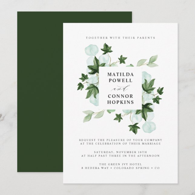 Invitation Hedera | Green Ivy Forest Mariage botanique (Devant / Derrière)