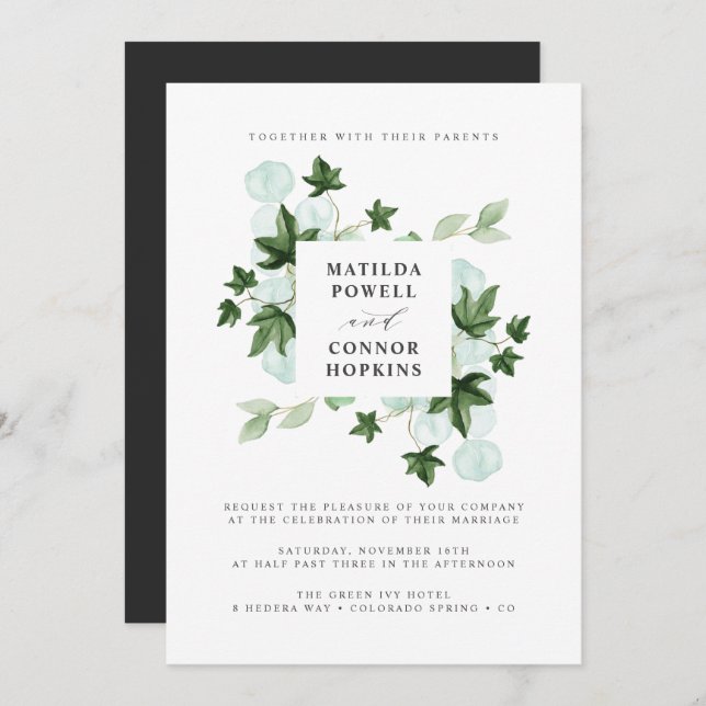 Invitation Hedera | Green Ivy Grey Mariage botanique (Devant / Derrière)