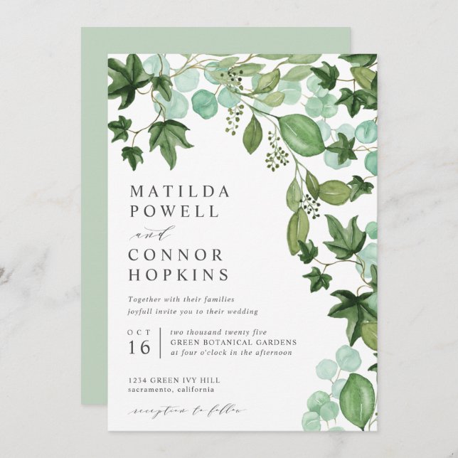 Invitation Hedera | IVY Eucalyptus Mariage botanique moderne (Devant / Derrière)