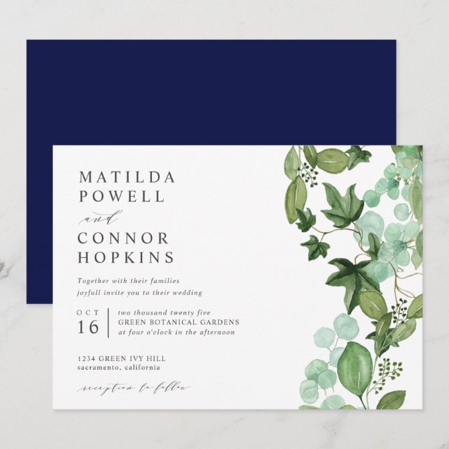 Invitation Hedera | IVY Jardin bleu moderne Mariage botanique (Devant / Derrière)