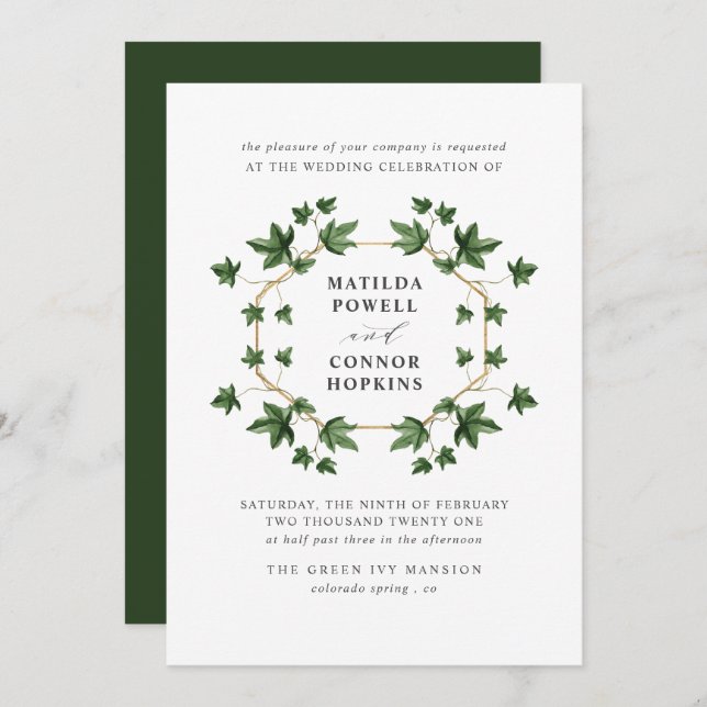 Invitation Hedera | Mariage géométrique Botanique Ivy Forest (Devant / Derrière)
