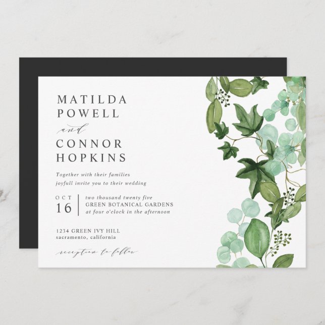 Invitation Hedera | Moderne Mariage Botanique de Jardin Gris  (Devant / Derrière)