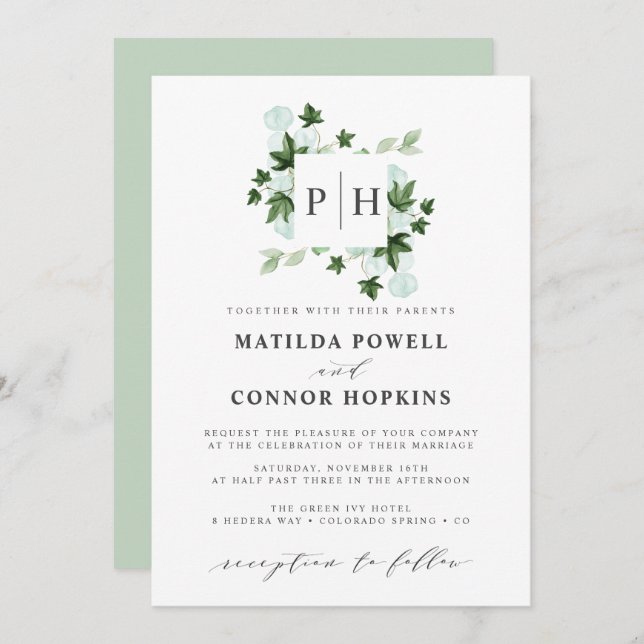 Invitation Hedera Monogram | Ivy Eucalyptus Mariage botanique (Devant / Derrière)
