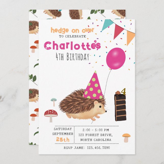 Invitation Hedgehog Mushroom Woodland Forest Balloon Birthday (Devant / Derrière)