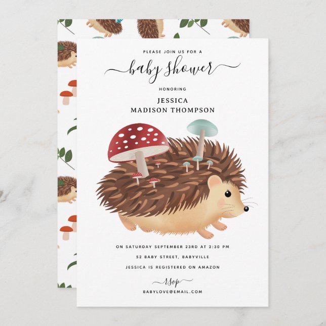 Invitation Hedgehog Mushroom Woodland Funny Baby Shower (Devant / Derrière)