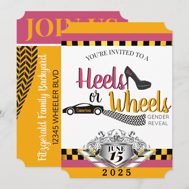 Invitation Heels ou roues {Car} Révélation de genre rose et j (Devant / Derrière)